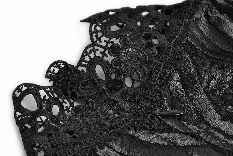 Rosemary Stand collar High waist Long sleeve Black Mesh Embroidery Vintage Dress