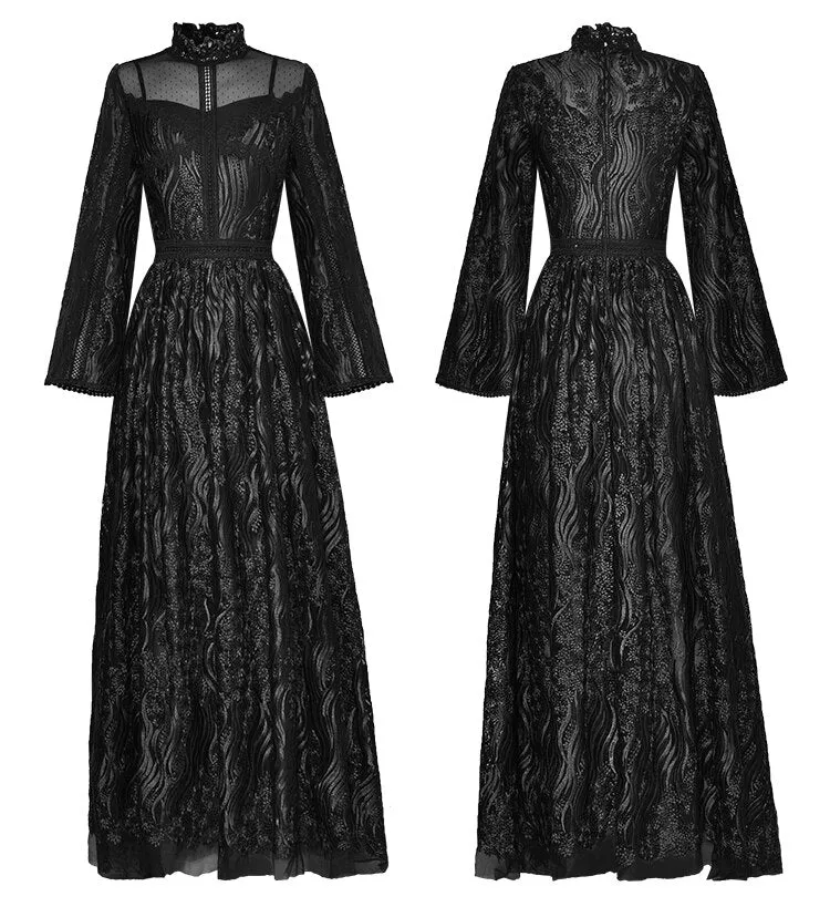 Rosemary Stand collar High waist Long sleeve Black Mesh Embroidery Vintage Dress