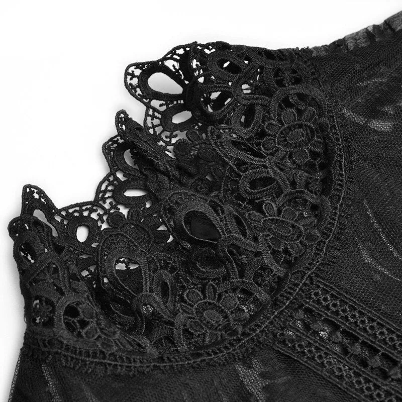 Rosemary Stand collar High waist Long sleeve Black Mesh Embroidery Vintage Dress