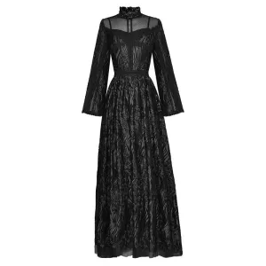 Rosemary Stand collar High waist Long sleeve Black Mesh Embroidery Vintage Dress