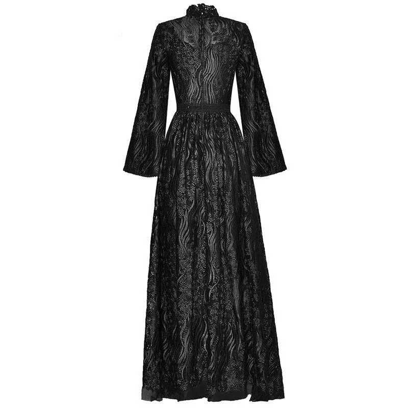 Rosemary Stand collar High waist Long sleeve Black Mesh Embroidery Vintage Dress
