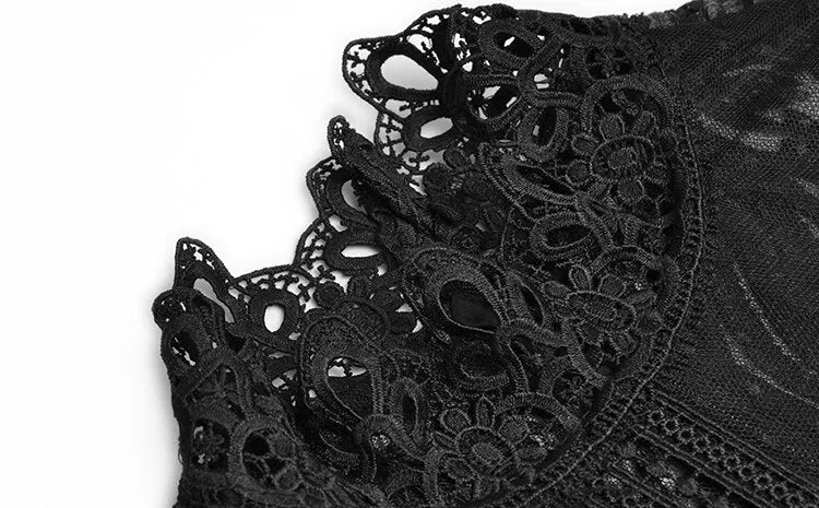 Rosemary Stand collar High waist Long sleeve Black Mesh Embroidery Vintage Dress