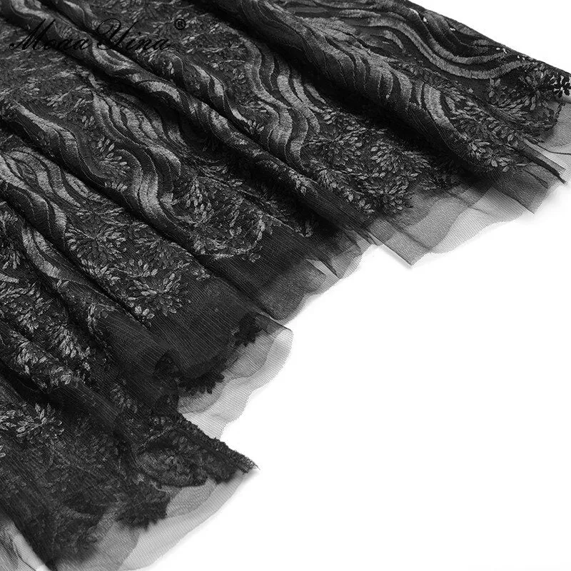 Rosemary Stand collar High waist Long sleeve Black Mesh Embroidery Vintage Dress
