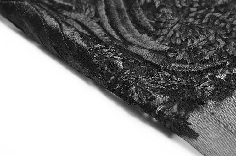 Rosemary Stand collar High waist Long sleeve Black Mesh Embroidery Vintage Dress