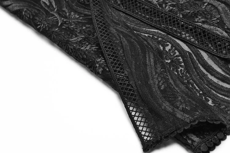Rosemary Stand collar High waist Long sleeve Black Mesh Embroidery Vintage Dress
