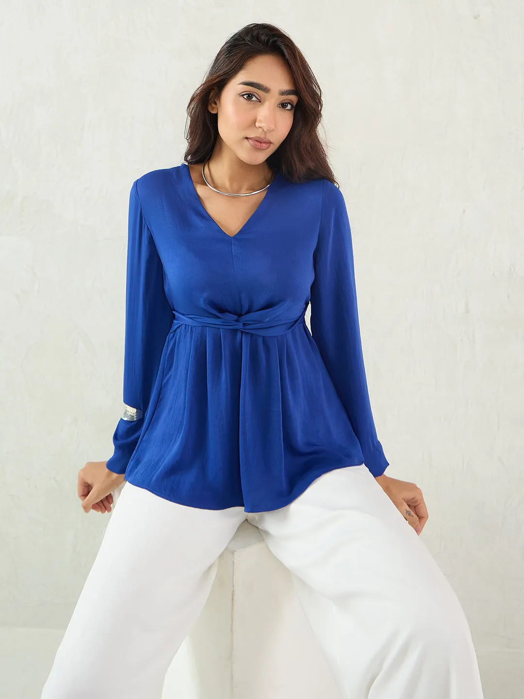 Royal Blue Front Twist Detail Satin Top