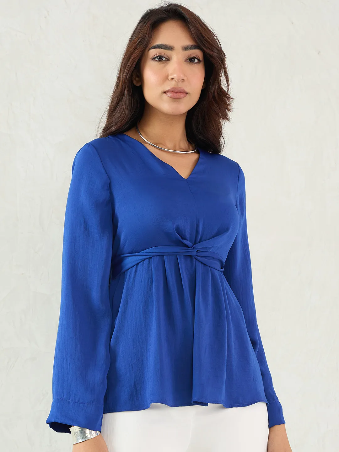 Royal Blue Front Twist Detail Satin Top