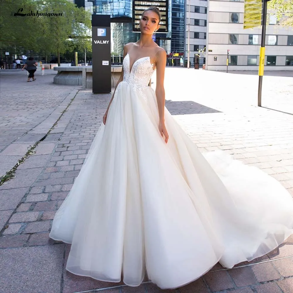 Roycebridal Illusion Scoop A Line Lace Wedding Dresses Applique