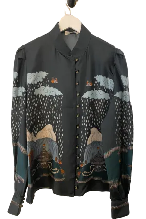 Sabina Savage "The Snow Lion" Silk Stand Collar Blouse Turquoise/Saffron