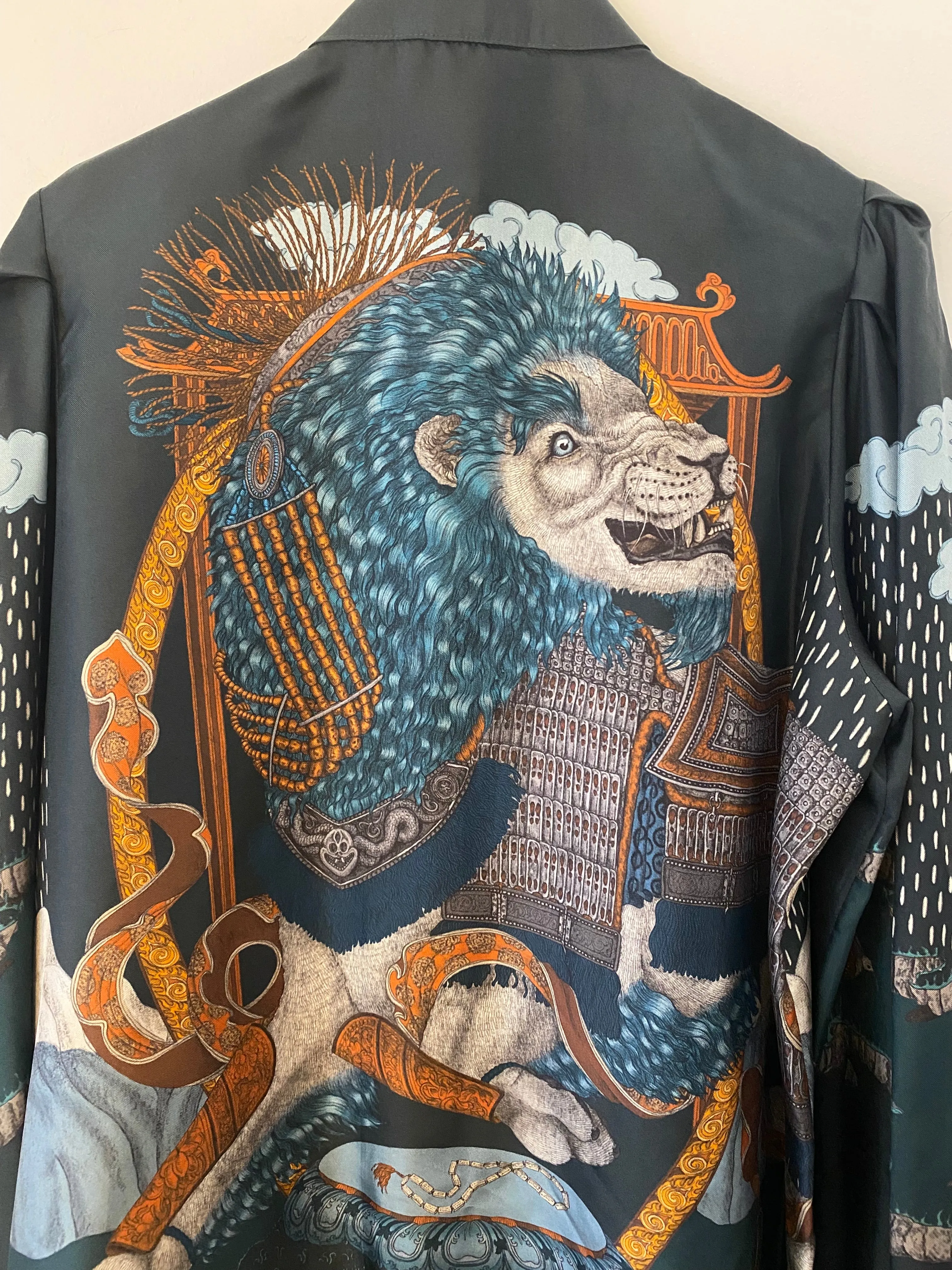 Sabina Savage "The Snow Lion" Silk Stand Collar Blouse Turquoise/Saffron