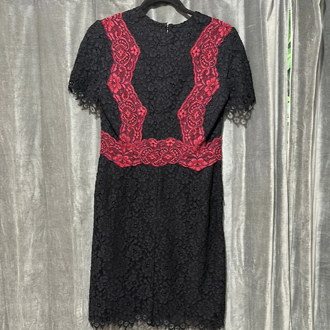 Sandro Black Lace Short Sleeve V Neck Dress with Red and Navy Trim