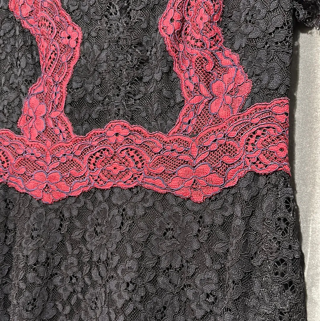 Sandro Black Lace Short Sleeve V Neck Dress with Red and Navy Trim
