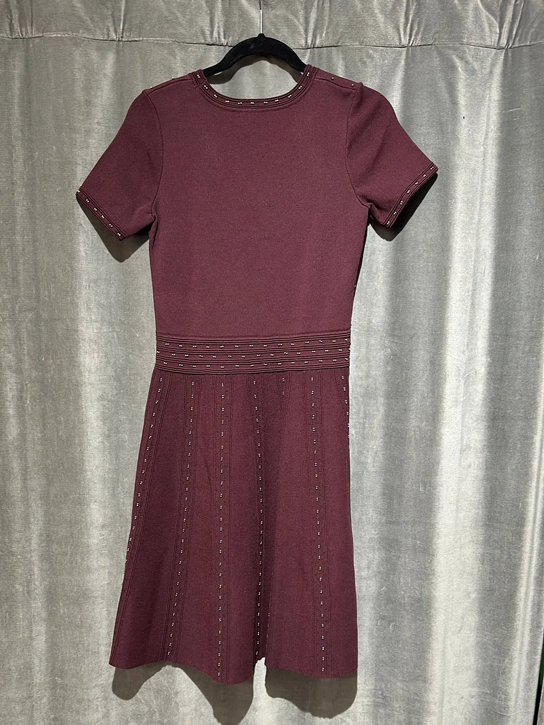 Sandro Burgundy Stretch Knit Short Sleeve Studded A Line Dress