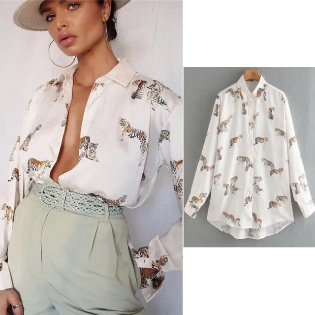 Satin Animal Print Office Lady Tops