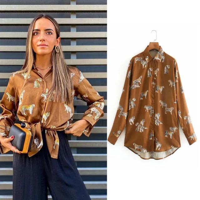 Satin Animal Print Office Lady Tops