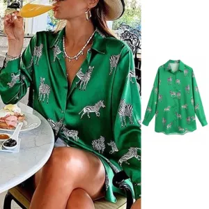 Satin Animal Print Office Lady Tops