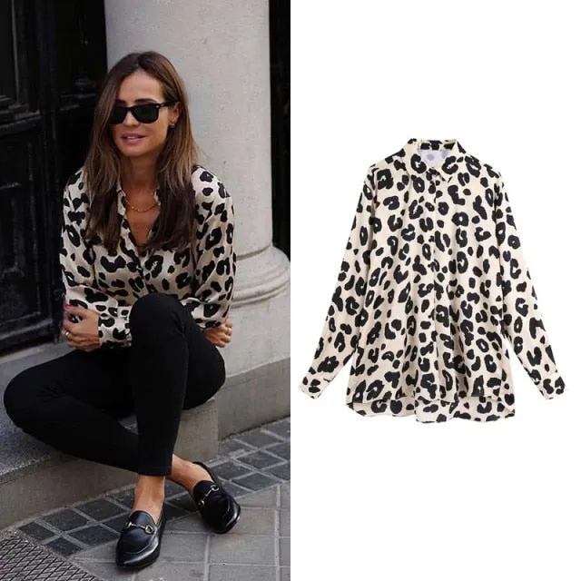 Satin Animal Print Office Lady Tops
