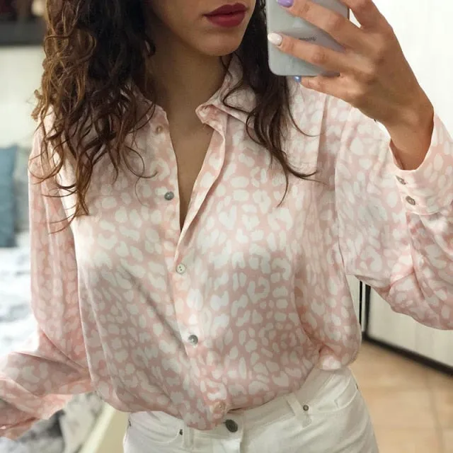 Satin Animal Print Office Lady Tops