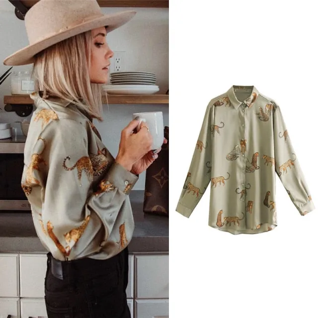 Satin Animal Print Office Lady Tops