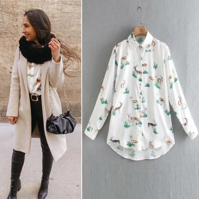 Satin Animal Print Office Lady Tops