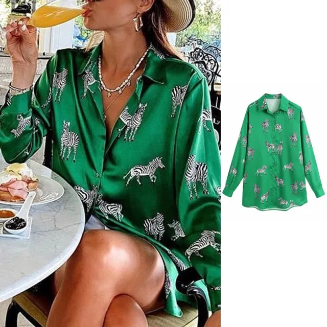 Satin Animal Print Office Lady Tops