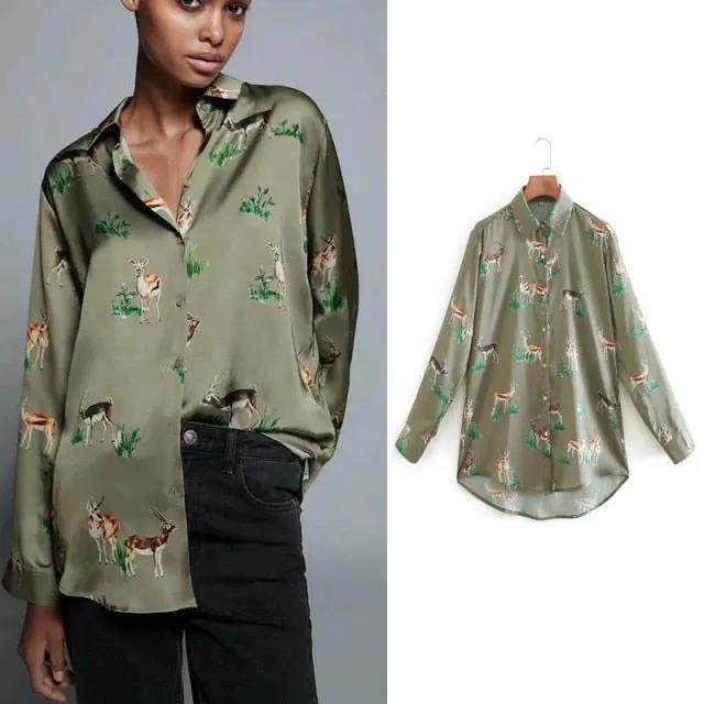 Satin Animal Print Office Lady Tops
