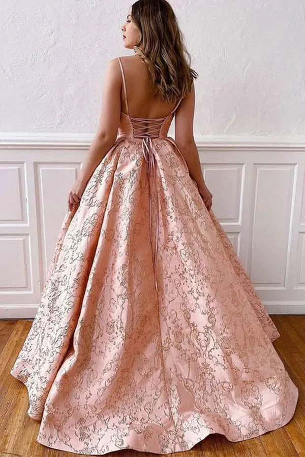 Satin Ball Gown V-neck Straps Cross Back Blush Pink Long Prom Dresses,MP587