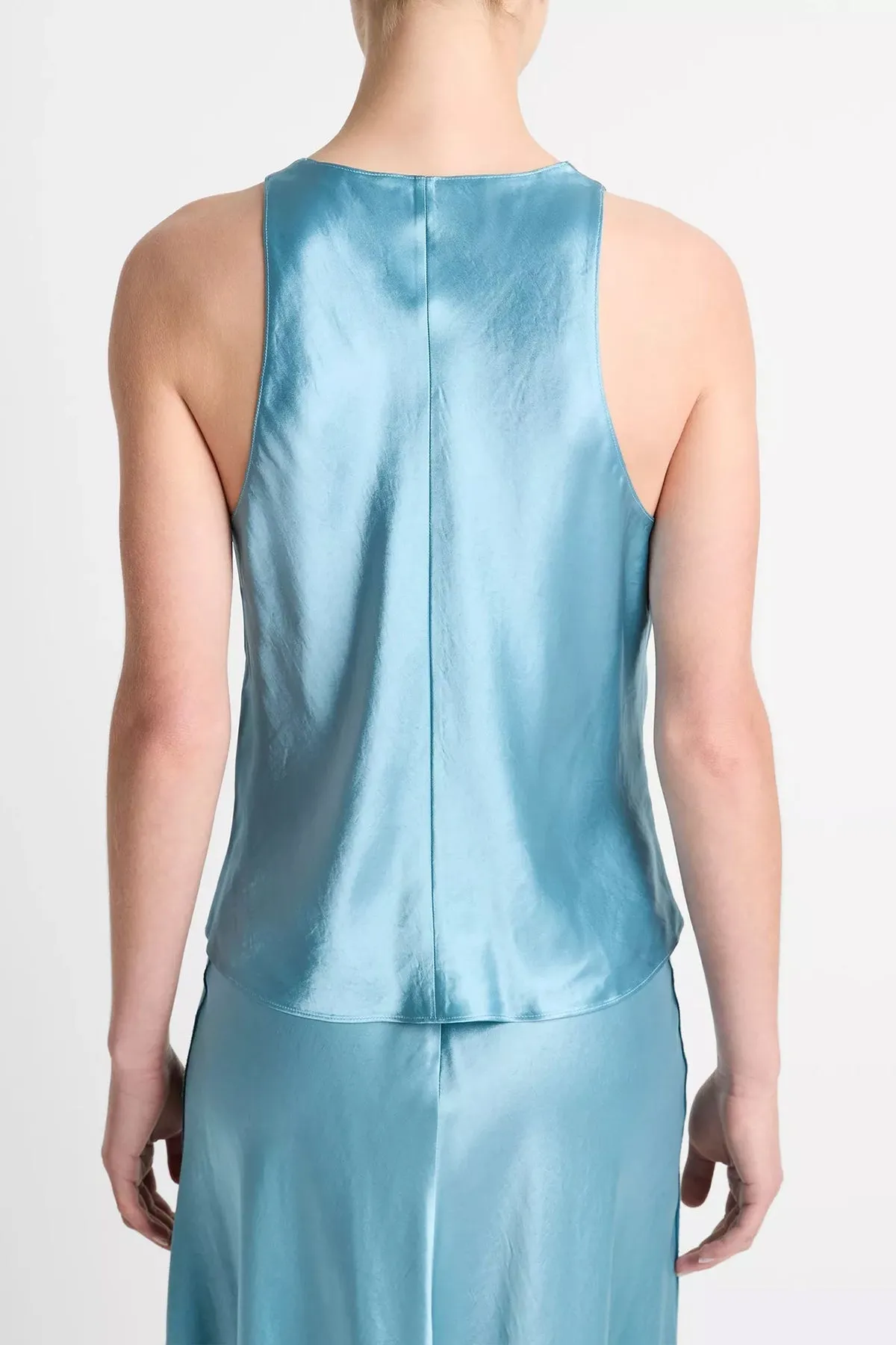 Satin Crossover V-Neck Tank in Jade Sea