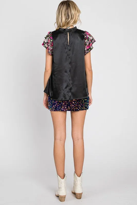 Satin Floral Sleeve Top