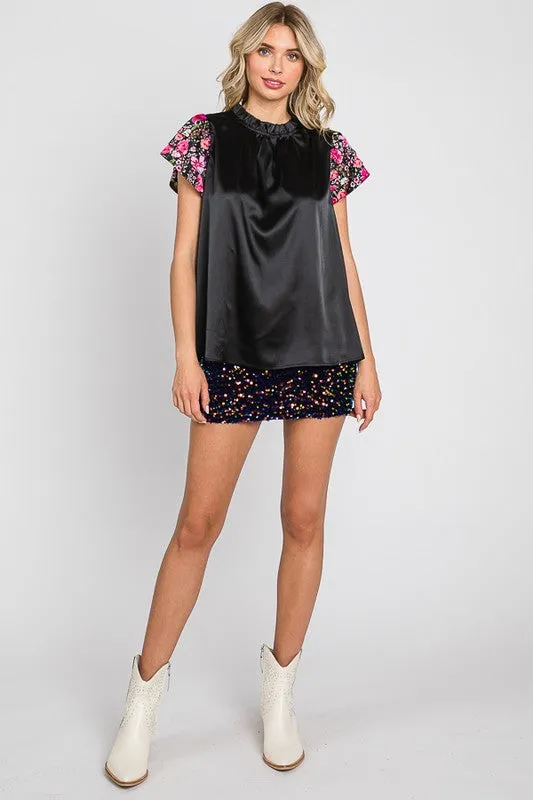 Satin Floral Sleeve Top