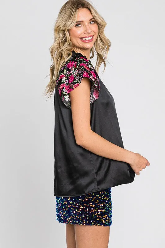 Satin Floral Sleeve Top