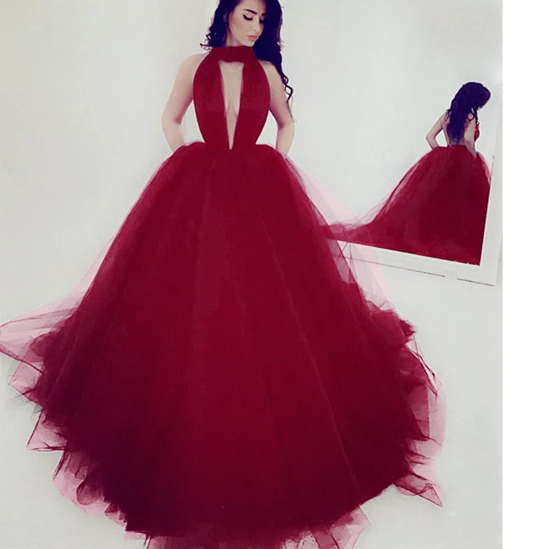 Sexy Black Ball-Gown Prom Dresses Tulle V-Neck Evening Gowns