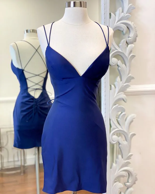 Sexy Royal Blue Satin Homecoming Dresses Cross Criss Strips Sexy Lace Homecoming Party Gowns