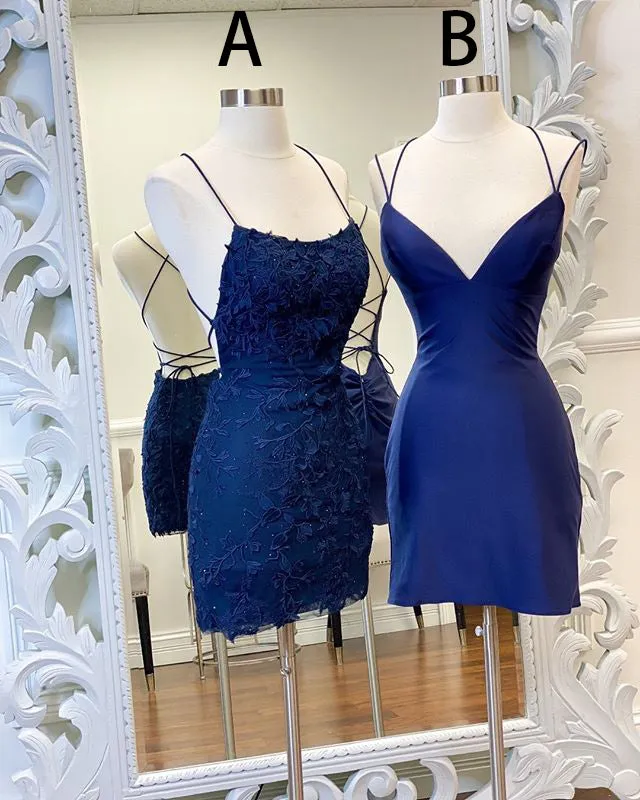 Sexy Royal Blue Satin Homecoming Dresses Cross Criss Strips Sexy Lace Homecoming Party Gowns