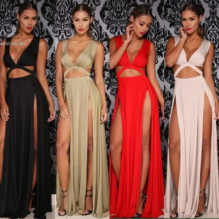 Sexy Sleeveless V-neck High Slit Hollow Out Bodycon Bandage Dress
