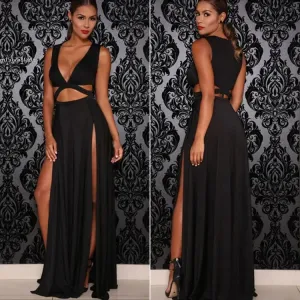 Sexy Sleeveless V-neck High Slit Hollow Out Bodycon Bandage Dress