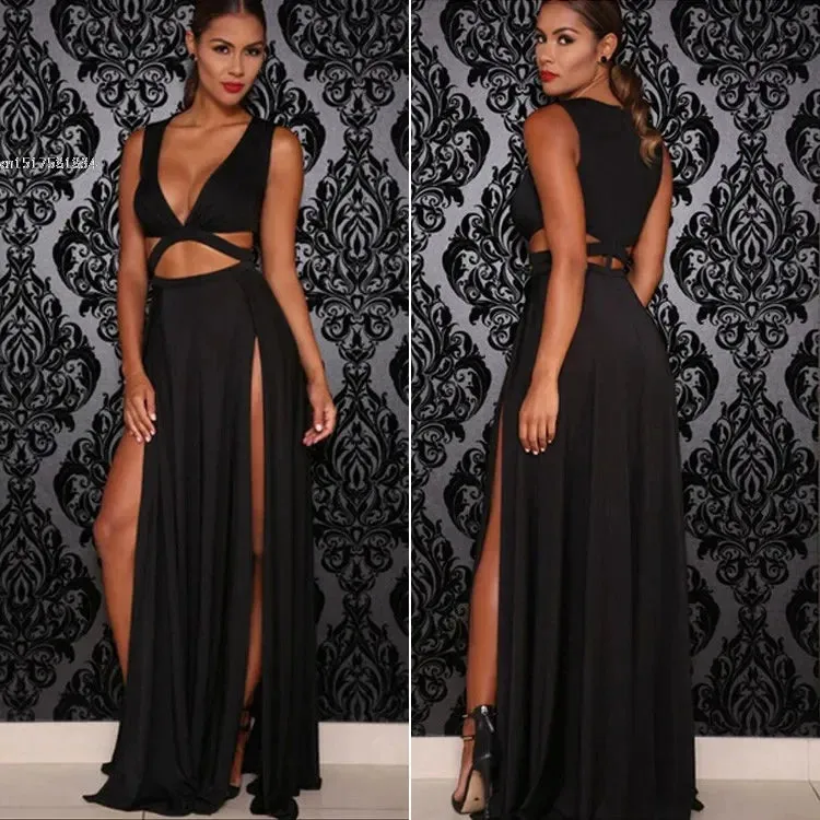 Sexy Sleeveless V-neck High Slit Hollow Out Bodycon Bandage Dress