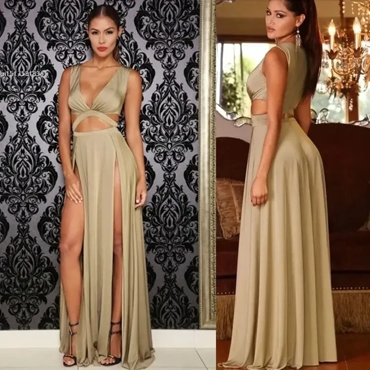 Sexy Sleeveless V-neck High Slit Hollow Out Bodycon Bandage Dress