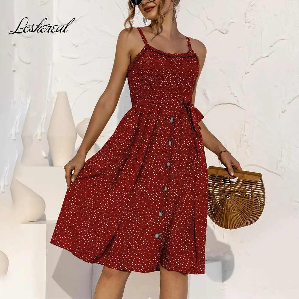 Sexy Spaghetti Strap Polka Dot Beach Woman Dress 2021 Summer Floral Boho Casual Black Yellow Dresses For Women Femme Robe