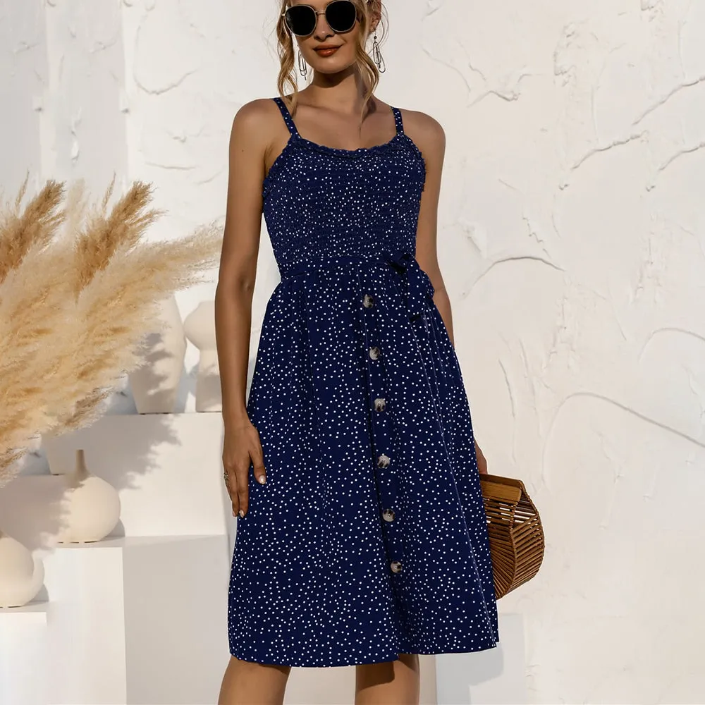Sexy Spaghetti Strap Polka Dot Beach Woman Dress 2021 Summer Floral Boho Casual Black Yellow Dresses For Women Femme Robe