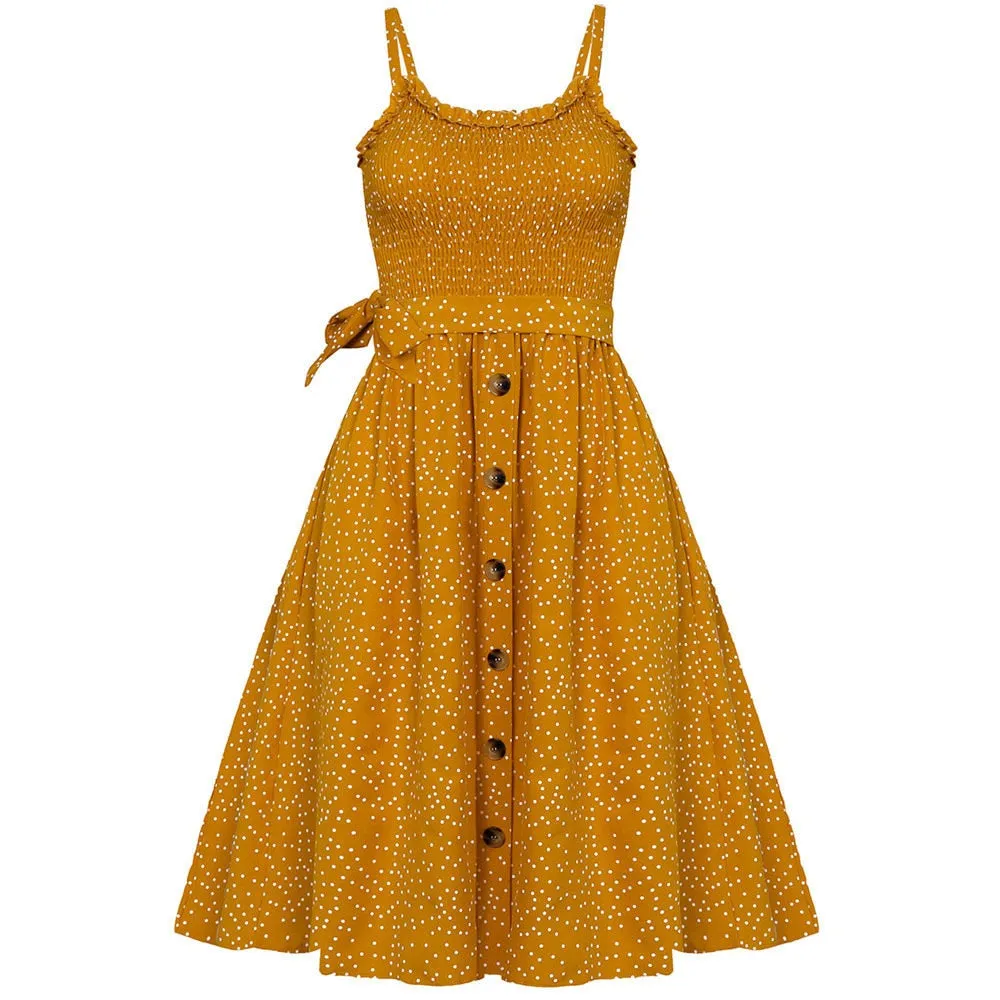 Sexy Spaghetti Strap Polka Dot Beach Woman Dress 2021 Summer Floral Boho Casual Black Yellow Dresses For Women Femme Robe