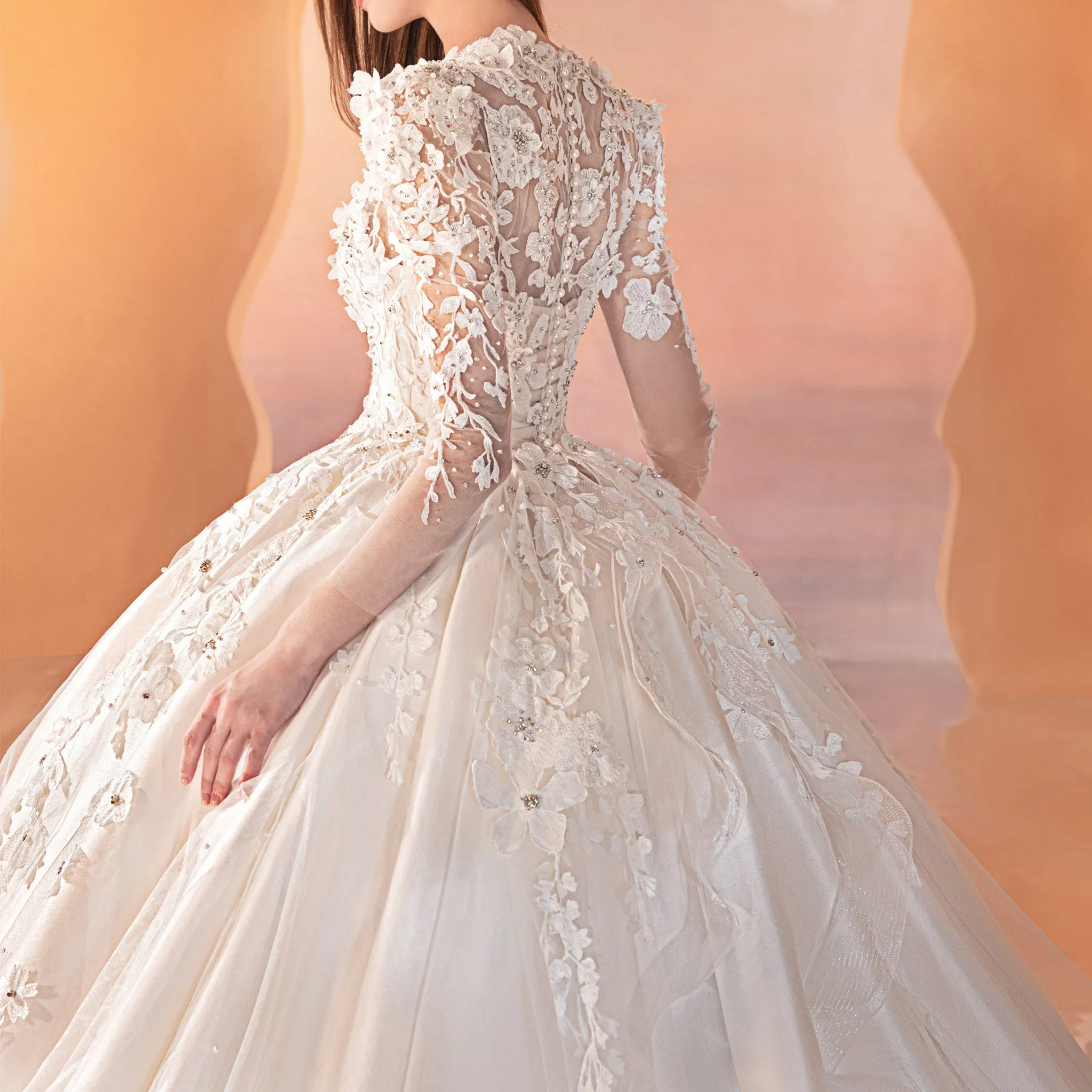 Sheer Long Sleeve Ball Gown Lace Wedding Dress with High O-neck