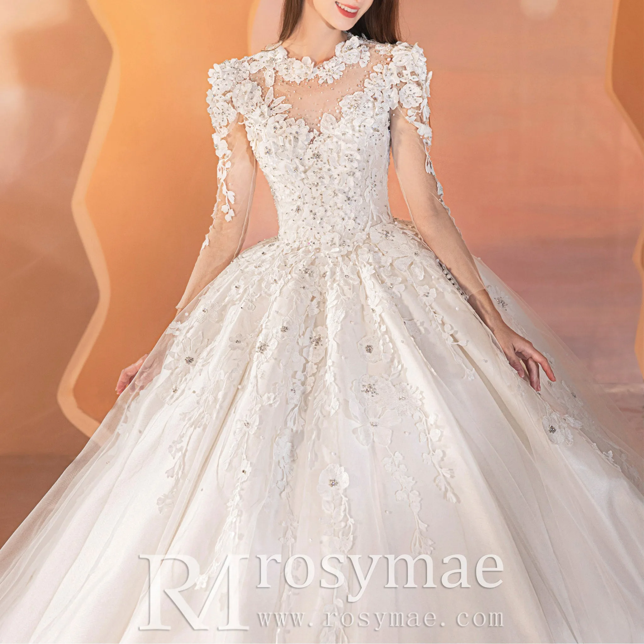 Sheer Long Sleeve Ball Gown Lace Wedding Dress with High O-neck