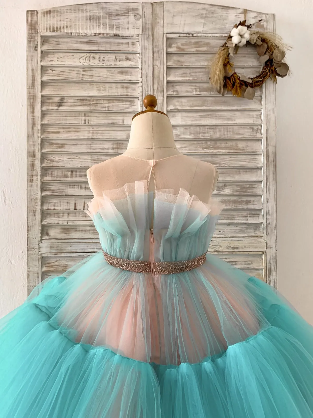 Sheer Neck Pink Teal Tulle Ruffles Wedding Flower Girl Dress Kids Occasion Dress