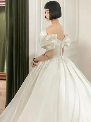 Short Sleeve Neck Lace Up Back Satin Ball Gown Wedding Dress With Chapel Train