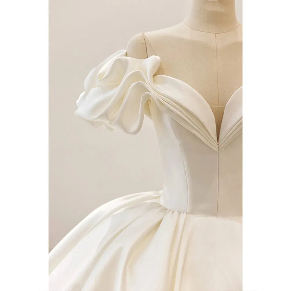 Short Sleeve Neck Lace Up Back Satin Ball Gown Wedding Dress With Chapel Train