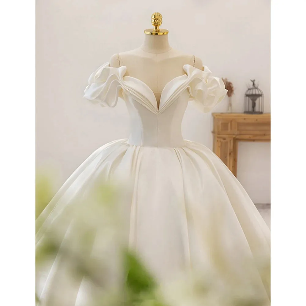 Short Sleeve Neck Lace Up Back Satin Ball Gown Wedding Dress With Chapel Train