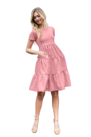 Short Sleeve Solid Tiered Dress Rose Dusty - Pack of 6