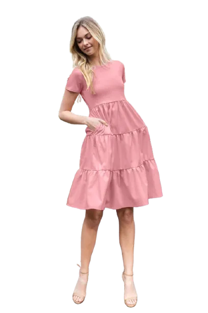 Short Sleeve Solid Tiered Dress Rose Dusty - Pack of 6