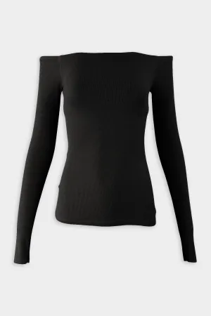 Silk Rib Off Shoulder Long Sleeve Top in Black